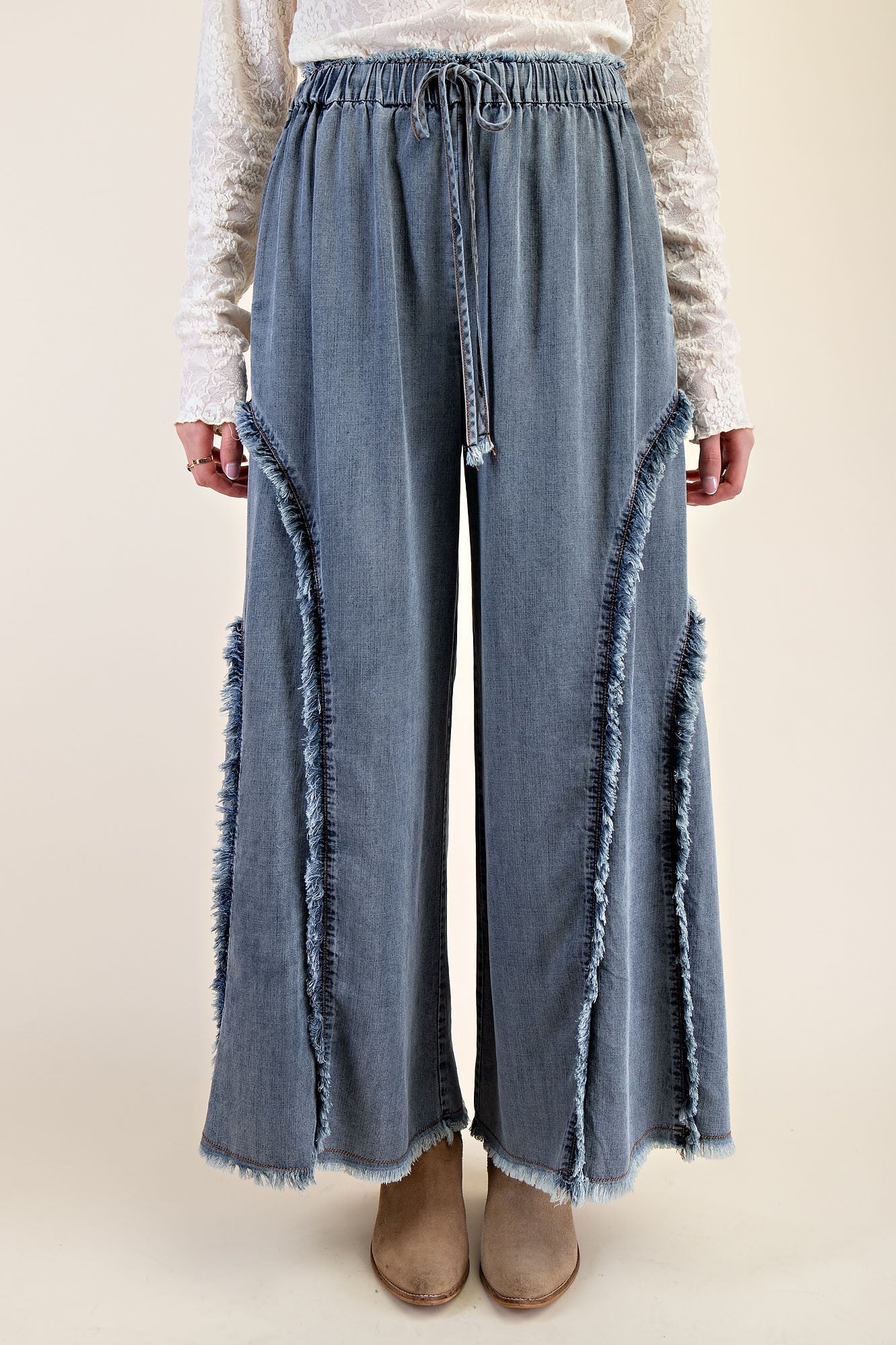 Easel Ruffle and Self Fringe Pants in Washed Denim – June Adel