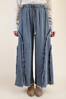 Easel Ruffle and Self Fringe Pants in Washed Denim