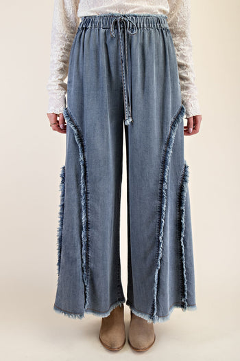 Easel Ruffle and Self Fringe Pants in Washed Denim
