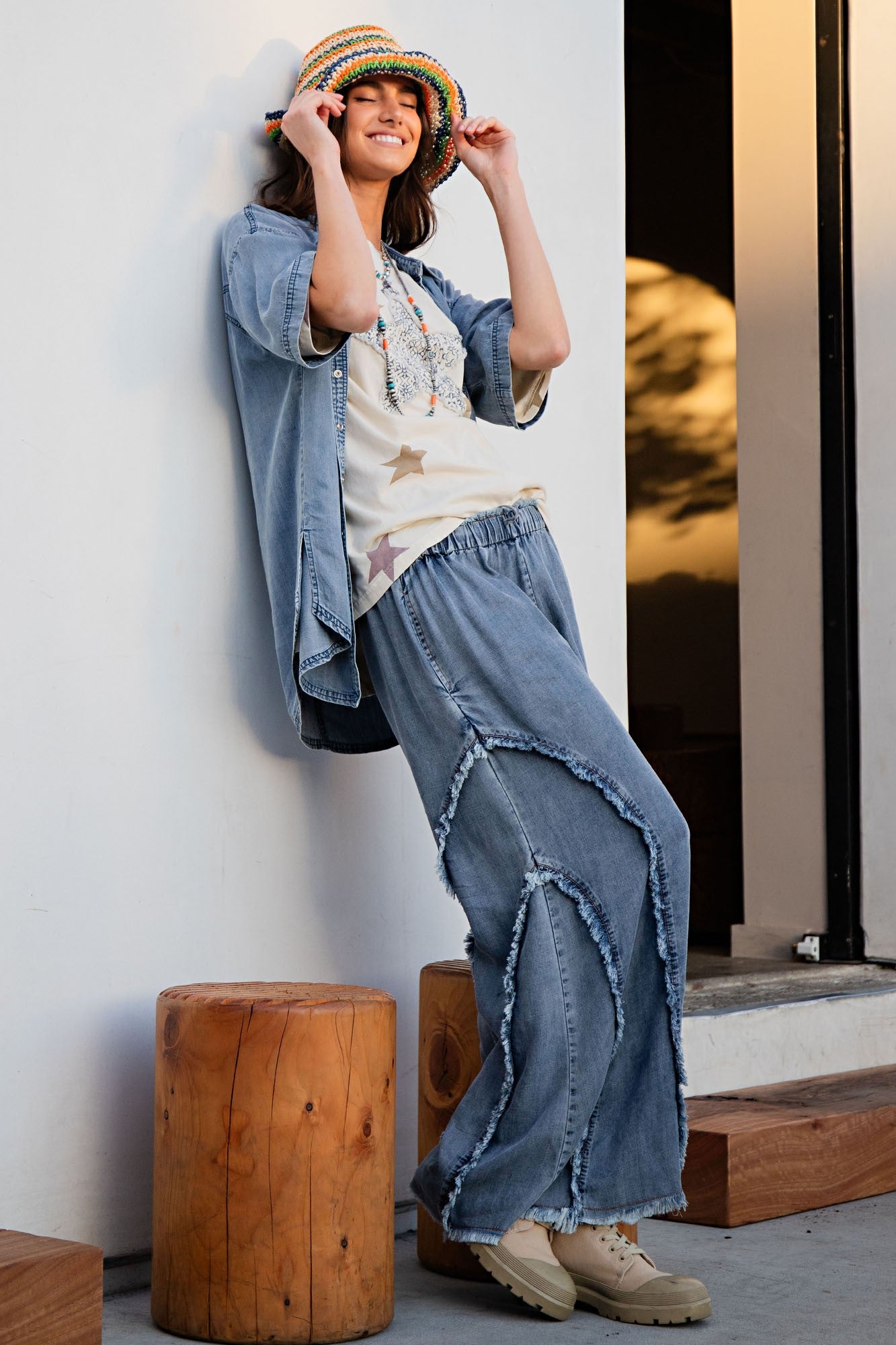 Easel Ruffle and Self Fringe Pants in Washed Denim – June Adel