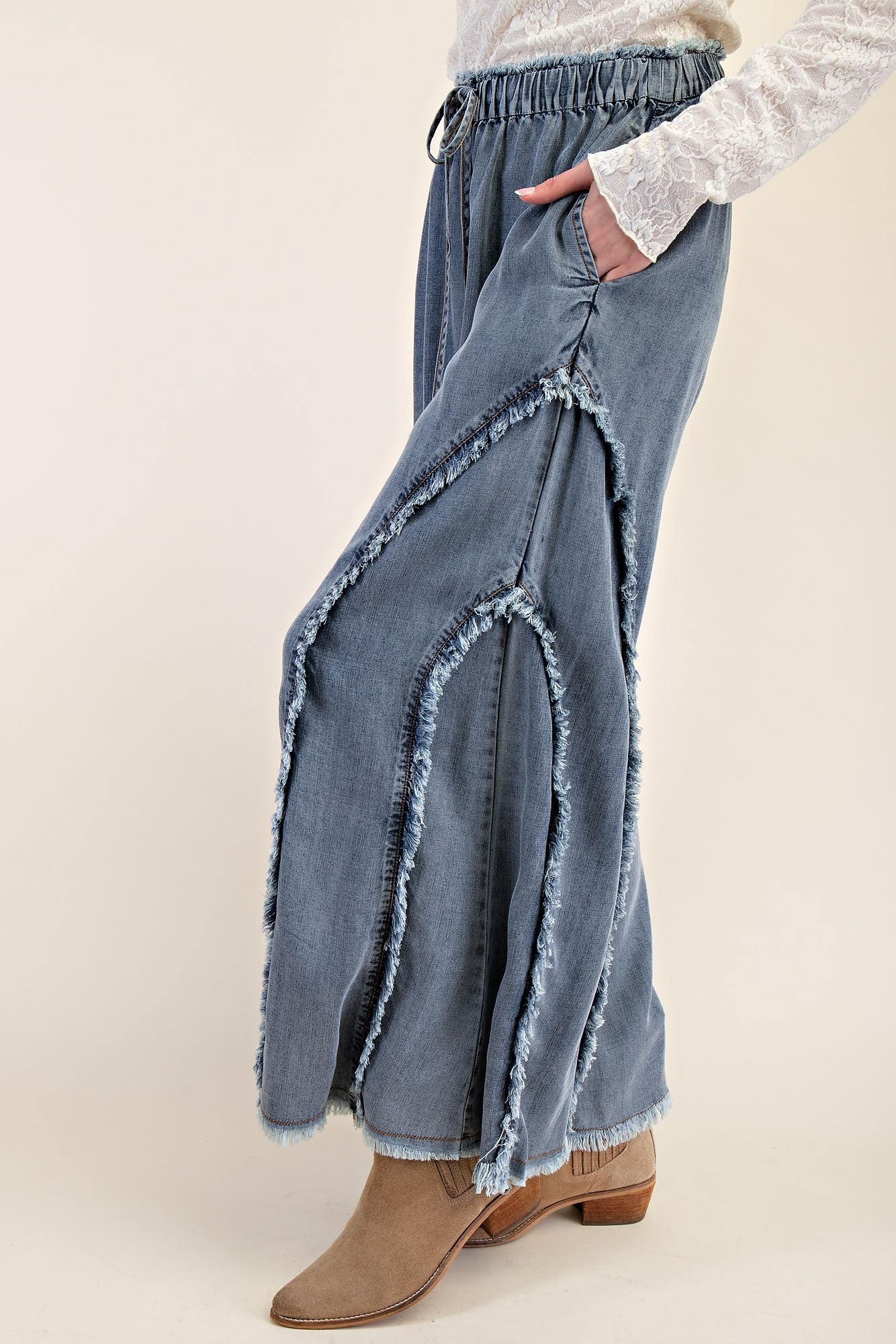 Easel Ruffle and Self Fringe Pants in Washed Denim – June Adel