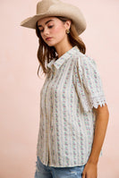 BiBi Floral Print Crinkle Top with Lace Details in Ivory Multi