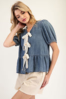 ee:some Open Front Ribbon Tie Closure Top in Denim