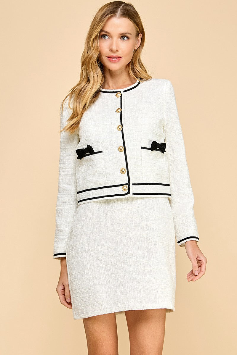 TCEC Tweed Jacket with Bow Accents in White