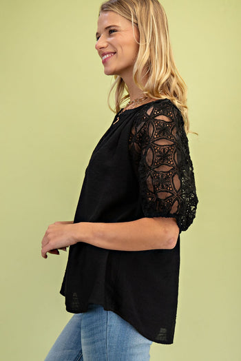 GiGio Solid Color Top with Lace Puff Sleeves in Black