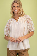 GiGio Solid Color Top with Lace Puff Sleeves in Natural