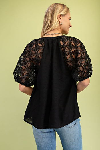 GiGio Solid Color Top with Lace Puff Sleeves in Black