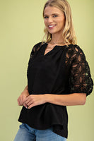 GiGio Solid Color Top with Lace Puff Sleeves in Black