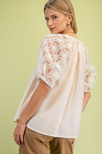 GiGio Solid Color Top with Lace Puff Sleeves in Natural