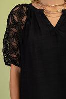 GiGio Solid Color Top with Lace Puff Sleeves in Black