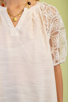 GiGio Solid Color Top with Lace Puff Sleeves in Natural