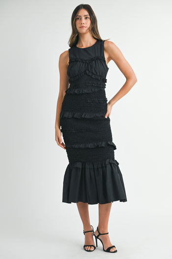 MABLE Solid Color FITTED Mermaid Midi Dress in Black