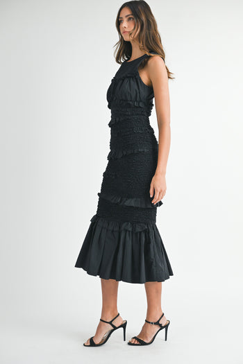 MABLE Solid Color FITTED Mermaid Midi Dress in Black