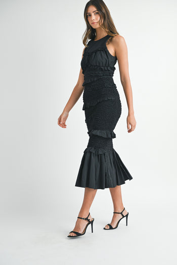 MABLE Solid Color FITTED Mermaid Midi Dress in Black