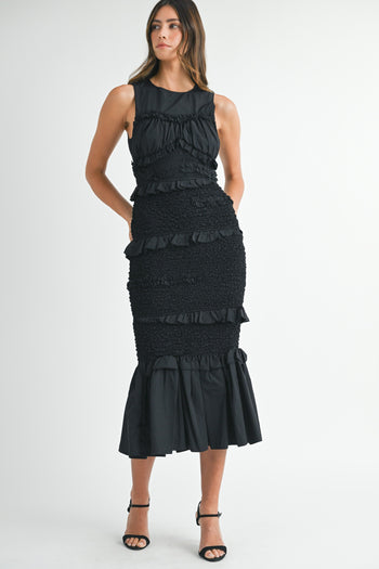 MABLE Solid Color FITTED Mermaid Midi Dress in Black