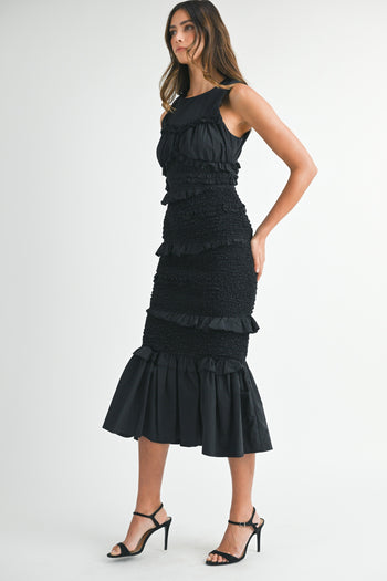 MABLE Solid Color FITTED Mermaid Midi Dress in Black