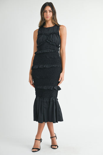 MABLE Solid Color FITTED Mermaid Midi Dress in Black