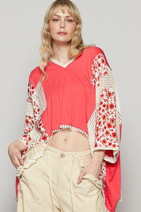 POL Oversized Contrasting Pattern Top in Peach Echo