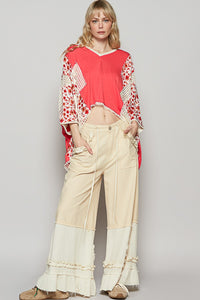 POL Oversized Contrasting Pattern Top in Peach Echo