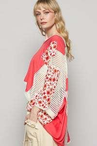 POL Oversized Contrasting Pattern Top in Peach Echo