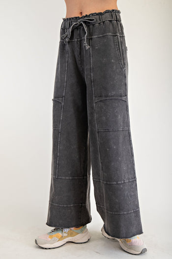 Easel Mineral Washed Terry Knit Pants in Black