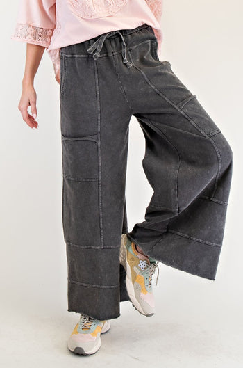 Easel Mineral Washed Terry Knit Pants in Black