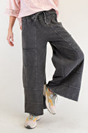 Easel Mineral Washed Terry Knit Pants in Black ON ORDER