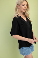 GiGio Solid Color Washed Linen Blend Top in Black