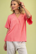 GiGio Solid Color Washed Linen Blend Top in Light Coral