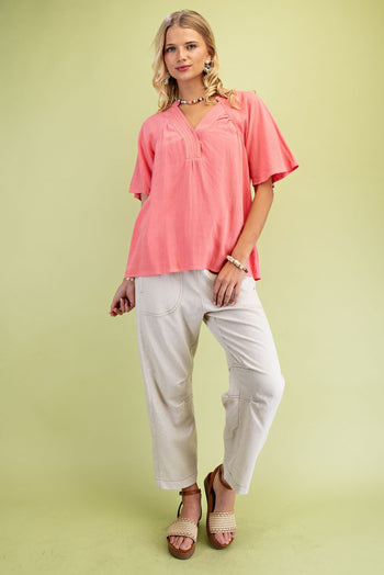 GiGio Solid Color Washed Linen Blend Top in Light Coral
