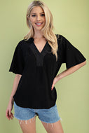 GiGio Solid Color Washed Linen Blend Top in Black