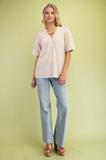 GiGio Solid Color Washed Linen Blend Top in Sand