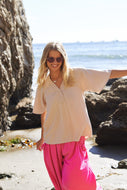 GiGio Solid Color Washed Linen Blend Top in Sand