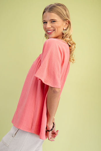 GiGio Solid Color Washed Linen Blend Top in Light Coral
