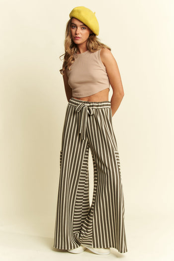 Jade By Jane Textured Stripe Wide Leg Pants in Olive