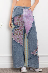 BlueVelvet Contrasting Fabric Pants with Star Patches in Denim