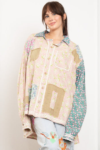 BlueVelvet Multi Colored Printed Patchwork Top in Dusty Mauve