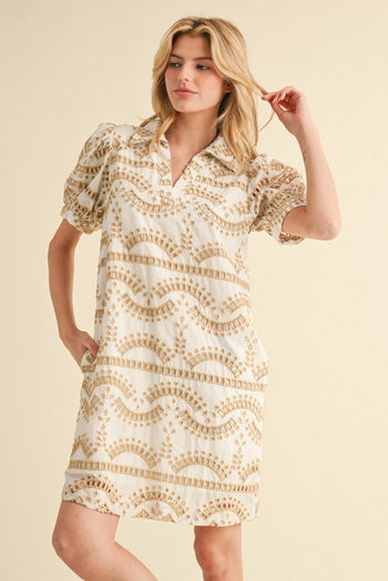 eyelet dress women Jodifl Geometric Print Eyelet Dress in Taupe – June Adel