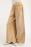 Easel Mixed Linen and Baby Ribbed Pants in Golden Nugget