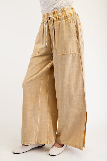 Easel Mixed Linen and Baby Ribbed Pants in Golden Nugget