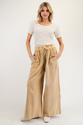 Easel Mixed Linen and Baby Ribbed Pants in Golden Nugget
