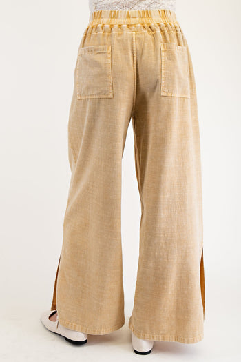 Easel Mixed Linen and Baby Ribbed Pants in Golden Nugget