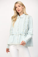 FATE Washed Denim Top with Ruffle and Tuck Details in Light Denim