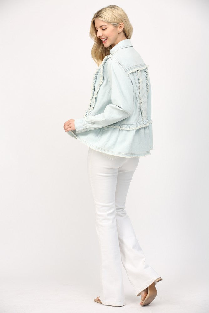 FATE Washed Denim Top with Ruffle and Tuck Details in Light Denim ...