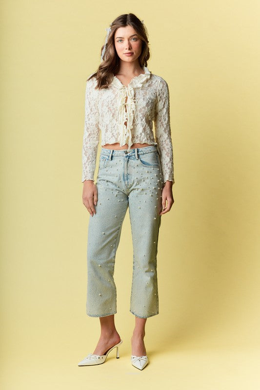 RARERAW Fitted Floral Lace Open Front Top with Ties in Ivory