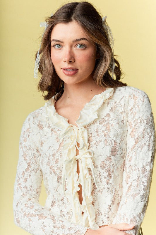 RARERAW Fitted Floral Lace Open Front Top with Ties in Ivory