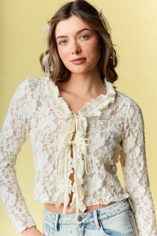 RARERAW Fitted Floral Lace Open Front Top with Ties in Ivory