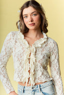 RARERAW Fitted Floral Lace Open Front Top with Ties in Ivory