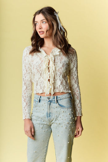 RARERAW Fitted Floral Lace Open Front Top with Ties in Ivory