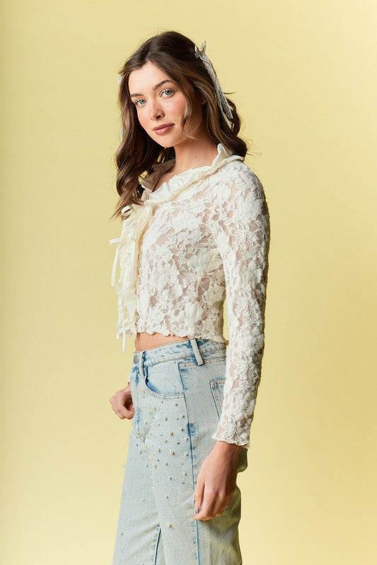 RARERAW Fitted Floral Lace Open Front Top with Ties in Ivory